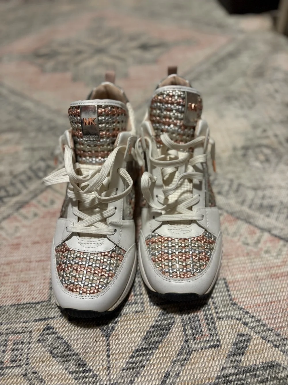 Michael Kors White Sneakers with Rose Gold and Cream Woven Panels